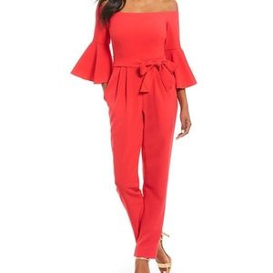 Eliza J Red Off-the-shoulder Tie Waist Jumpsuit